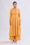 Naintara Bajaj_Yellow Muslin V-neck Floral Bandhani Angarkha Kurta Set _Online_at_Aza_Fashions