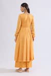 Shop_Naintara Bajaj_Yellow Muslin V-neck Floral Bandhani Angarkha Kurta Set _at_Aza_Fashions