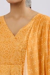 Shop_Naintara Bajaj_Yellow Muslin V-neck Floral Bandhani Angarkha Kurta Set _Online_at_Aza_Fashions