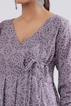 Shop_Naintara Bajaj_Purple Muslin Embroidery V-neck Floral Bandhani Angarkha Kurta Set _Online_at_Aza_Fashions