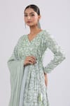 Shop_Naintara Bajaj_Green Muslin V-neck Geometric Print Angarkha Kurta Set _Online_at_Aza_Fashions