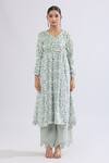 Shop_Naintara Bajaj_Green Muslin V-neck Geometric Print Angarkha Kurta Set 