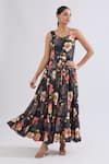 Buy_Naintara Bajaj_Black Rayon Sweetheart Neck Floral Print Tiered Maxi Dress _Online_at_Aza_Fashions