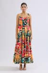 Buy Naintara Bajaj Multi Color Rayon Scoop Neck Abstract Floral Tiered Maxi Dress Online at Aza Fashions Buy_Naintara Bajaj_Multi Color Rayon Scoop Neck Abstract Floral Tiered Maxi Dress _Online_at_Aza_Fashions