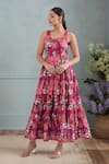 Buy_Naintara Bajaj_Wine Rayon Square Neck Floral Print Tiered Maxi Dress _at_Aza_Fashions