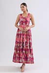 Naintara Bajaj_Wine Rayon Square Neck Floral Print Tiered Maxi Dress _at_Aza_Fashions