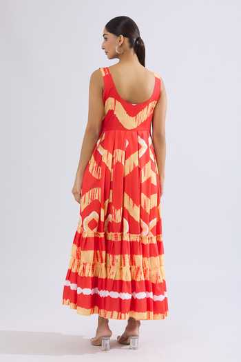 Shop_Khwaab By Sanjana Lakhani_Red Rayon Open Neck Abstract Tie-dye Maxi Dress _at_Aza_Fashions