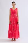 Shop_Naintara Bajaj_Red Faux Leather Scoop Neck Floral Print Tiered Maxi Dress _Online_at_Aza_Fashions