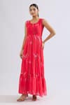 Naintara Bajaj_Red Faux Leather Scoop Neck Floral Print Tiered Maxi Dress _at_Aza_Fashions