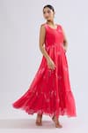 Buy_Naintara Bajaj_Red Faux Leather Scoop Neck Floral Print Tiered Maxi Dress 