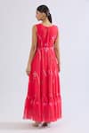 Shop_Naintara Bajaj_Red Faux Leather Scoop Neck Floral Print Tiered Maxi Dress _at_Aza_Fashions
