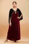 Buy_Samyukta Singhania_Maroon Velvet Sequins, Cut Work V-neck Kaftan Dress With Embellishments_at_Aza_Fashions