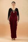 Samyukta Singhania_Maroon Velvet Sequins, Cut Work V-neck Kaftan Dress With Embellishments_Online_at_Aza_Fashions