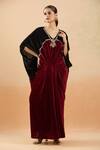 Shop_Samyukta Singhania_Maroon Velvet Sequins, Cut Work V-neck Kaftan Dress With Embellishments_Online_at_Aza_Fashions