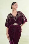 Buy_Samyukta Singhania_Wine Velvet Cut Work, Beads V-neck Cutdana Embellished Maxi Dress With Belt _Online_at_Aza_Fashions
