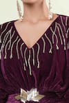 Shop_Samyukta Singhania_Wine Velvet Cut Work, Beads V-neck Cutdana Embellished Maxi Dress With Belt _Online_at_Aza_Fashions