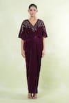 Samyukta Singhania_Wine Velvet Cut Work, Beads V-neck Cutdana Embellished Maxi Dress With Belt _at_Aza_Fashions