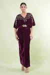 Buy_Samyukta Singhania_Wine Velvet Cut Work, Beads V-neck Cutdana Embellished Maxi Dress With Belt 