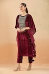 Samyukta Singhania_Maroon Velvet Hand Embellishment Mirror Round Kaftan And Pant Set _Online_at_Aza_Fashions