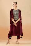Shop_Samyukta Singhania_Maroon Velvet Hand Embellishment Mirror Round Kaftan And Pant Set _Online_at_Aza_Fashions