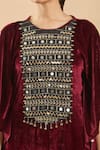 Samyukta Singhania_Maroon Velvet Hand Embellishment Mirror Round Kaftan And Pant Set _at_Aza_Fashions