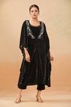 Buy_Samyukta Singhania_Black Velvet Cut Work Plunge , Scoop Abstract Shell Kaftan Set _at_Aza_Fashions