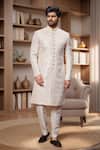 Arihant Rai Sinha_Cream Jacquard, Silk Sequins, Embroidery Floral Jaal Pattern Sherwani With Pant _Online_at_Aza_Fashions
