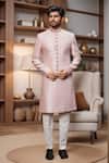 Buy_Arihant Rai Sinha_Pink Jacquard, Silk Beads, Embroidery Geometric Jaal Pattern Sherwani And Pant Set _at_Aza_Fashions