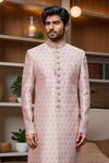 Buy_Arihant Rai Sinha_Pink Jacquard, Silk Beads, Embroidery Geometric Jaal Pattern Sherwani And Pant Set _Online_at_Aza_Fashions