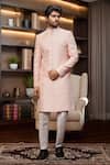 Buy_Arihant Rai Sinha_Peach Jacquard, Silk Embroidery Scallop Jaal Sherwani And Aligadhi Pant _at_Aza_Fashions