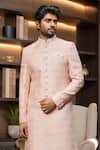Arihant Rai Sinha_Peach Jacquard, Silk Embroidery Scallop Jaal Sherwani And Aligadhi Pant _Online_at_Aza_Fashions