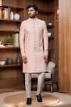 Buy_Arihant Rai Sinha_Peach Jacquard, Silk Embroidery Scallop Jaal Sherwani And Aligadhi Pant _Online_at_Aza_Fashions