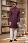 Arihant Rai Sinha_Maroon Jacquard, Faux Leather, Silk Quatrefoil Pattern Sherwani And Aligadhi Pant _Online_at_Aza_Fashions