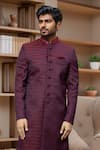 Buy_Arihant Rai Sinha_Maroon Jacquard, Faux Leather, Silk Quatrefoil Pattern Sherwani And Aligadhi Pant _Online_at_Aza_Fashions
