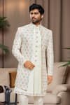 Arihant Rai Sinha_Off White Silk, Faux Leather Sequins, Embroidery Sherwani Kurta Set _Online_at_Aza_Fashions