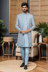 Arihant Rai Sinha_Blue Silk, Polyester, Faux Leather Sequins, Geometric Sherwani Kurta Set _Online_at_Aza_Fashions