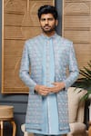 Buy_Arihant Rai Sinha_Blue Silk, Polyester, Faux Leather Sequins, Geometric Sherwani Kurta Set _Online_at_Aza_Fashions