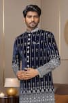 Arihant Rai Sinha_White Denim, Silk Embroidery Blue Sherwani And Pant Set _Online_at_Aza_Fashions