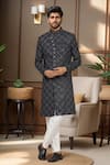 Buy_Arihant Rai Sinha_Blue Denim, Silk Embroidery, Sequins Navy Thread Sherwani Set _at_Aza_Fashions