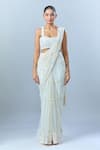 Mishru_Ivory Embroidered Sequin Plunge Floral Pre-draped Saree And Blouse _Online_at_Aza_Fashions