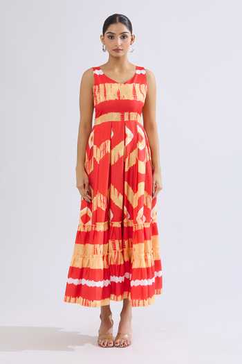 Khwaab By Sanjana Lakhani_Red Rayon Open Neck Abstract Tie-dye Maxi Dress _Online_at_Aza_Fashions