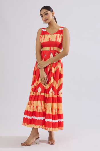 Buy_Khwaab By Sanjana Lakhani_Red Rayon Open Neck Abstract Tie-dye Maxi Dress _Online_at_Aza_Fashions