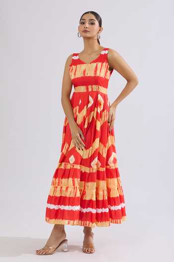 Shop_Khwaab By Sanjana Lakhani_Red Rayon Open Neck Abstract Tie-dye Maxi Dress _Online_at_Aza_Fashions