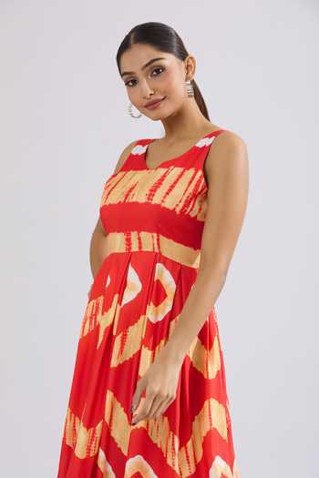 Buy_Khwaab By Sanjana Lakhani_Red Rayon Open Neck Abstract Tie-dye Maxi Dress 