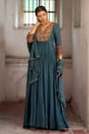 Shop_Enamour By Radha_Blue Muslin Silk Embroidery Resham V Neck Bloom Anarkali Set With Dupatta _at_Aza_Fashions