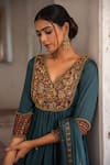 Shop_Enamour By Radha_Blue Muslin Silk Embroidery Resham V Neck Bloom Anarkali Set With Dupatta _Online_at_Aza_Fashions