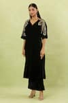 Samyukta Singhania_Black Velvet Sequins, Cut Work V-neck Embellished Kurta Set _at_Aza_Fashions