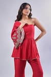 Samyukta Singhania_Red Cotton Silk Embroidered Floral Asymmetric Peplum Tunic And Pant Set _Online_at_Aza_Fashions