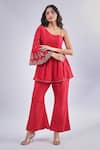 Samyukta Singhania_Red Cotton Silk Embroidered Floral Asymmetric Peplum Tunic And Pant Set _at_Aza_Fashions