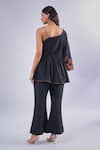 Shop_Samyukta Singhania_Black Cotton, Silk Embroidery Asymmetric Floral Peplum Tunic Set_at_Aza_Fashions